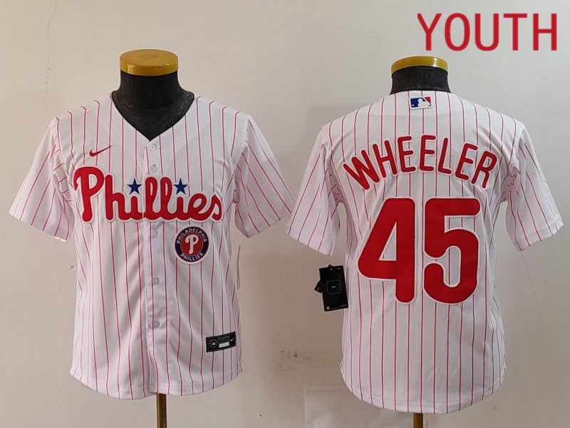 Youth Philadelphia Phillies #45 Wheeler White stripe Nike Game 2024 MLB Jersey style 3